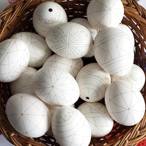 Pysanky supplies chicken eggshells, hollow pre-waxed eggs, Ukrainian Easter eggs pysanky supply, pysanky simple pattern waxed eggs for sale