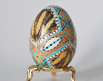 Ukrainian hand painted egg pysanky blue and brown, Pysanka batik chicken egg shell Ukrainian Easter gift decorative eggshells made in Canada