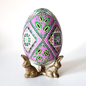 Ukrainian Easter egg Pysanka goose eggshell pink green, floral hand-painted batik art ornament, decorative handmade Pysanka diamond pattern