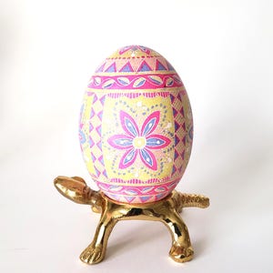 Pink-yellow Goose eggshell Pysanka, Ukrainian Easter egg traditional batik art egg ornament for sale, floral pattern goose pysanka for sale