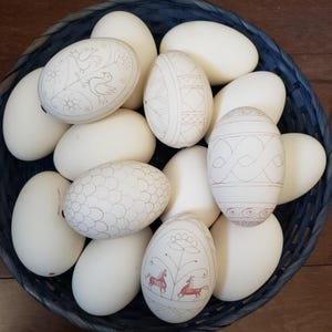 May include: A collection of white, decorated eggs in a dark blue woven basket. Several eggs feature intricate designs, including birds, geometric patterns, and floral motifs. The eggs are a creamy white color, and the basket is round.