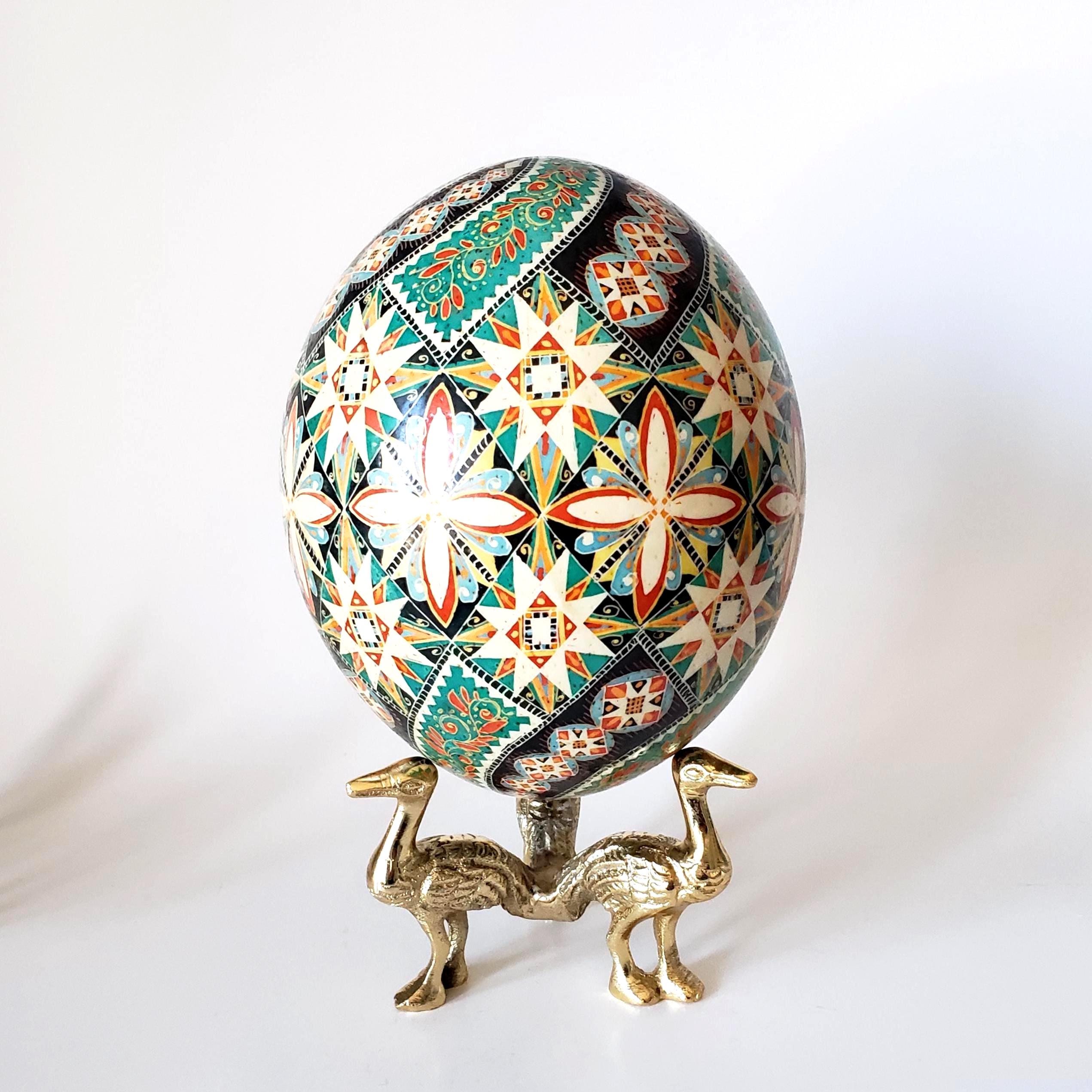 Ostrich Egg Pysanka Batik Art, Floral Pattern with Flowers and