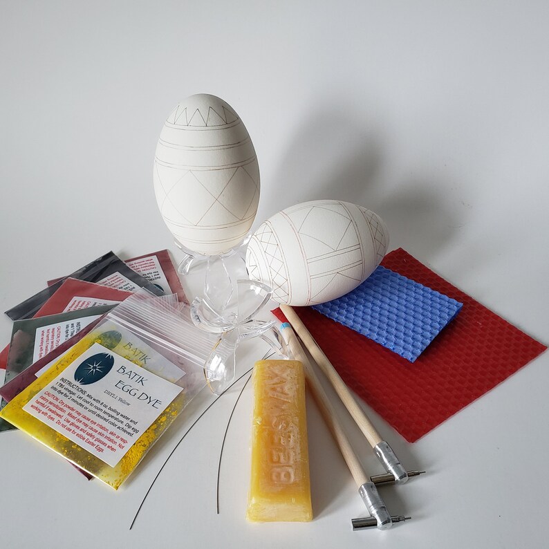 Goose pysanky supplies kit gift set Easter craft kit Family Activities, Ukrainian eggs supplies dyes goose eggshells beeswax block kistka image 2