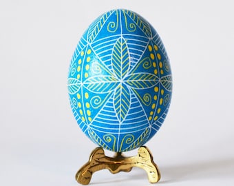 Blue Easter egg hand painted on real chicken eggshell, Ukrainian Easter egg pysanka gifts for Easter turquoise egg ornament Pysanky art eggs