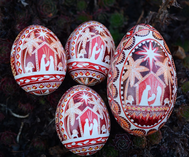 Nativity set pysanky egg ornaments religious gift, hand painted Easter eggs, stable scene Christmas nativity set painted on eggshell pysanka image 7