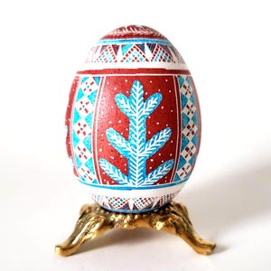 Decorazione natalizia a forma di uovo Pysanka, uova di Natale Pysanky ucraine dipinte a mano, uovo di Pasqua rosso-blu-bianco, idea regalo di tendenza e arredamento per la casa