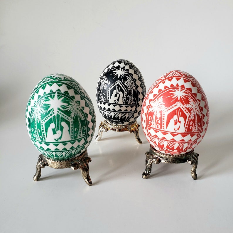 Nativity set pysanky egg ornaments religious gift, hand painted Easter eggs, stable scene Christmas nativity set painted on eggshell pysanka image 2