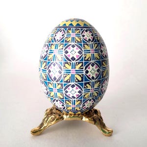 Fancy Pysanka Ukrainian Easter egg real chicken eggshell, blue floral lattice pattern decorative batik art egg, intricate pysanky for sale