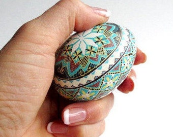 Blue Pysanky egg Ukrainian Easter gift art egg ornament hand painted with kistka tool beeswax batik artwork decorative eggs hand painted