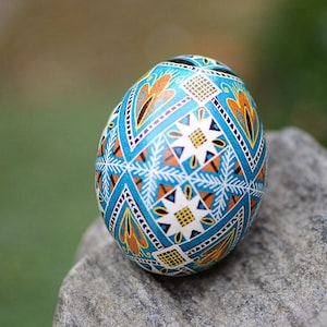 Ukrainian Easter eggs hand painted egg ornaments Pysanky, blue Easter egg gift for mom, real chicken eggshell painted decorative Easter egg