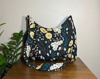 Floral Canvas Crossbody Bag with Zipper Closure, marigold purse, Unique Hobo Style purse, Birthday Gift for Wife, springtime gift for mom