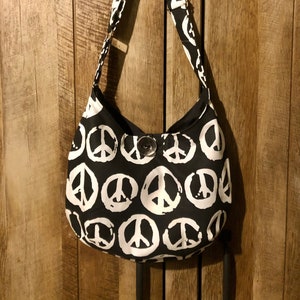 Peace hobo bag, peace sign crossbody bag, canvas purse, bag with adjustable strap, gift for her