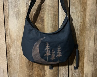 Black canvas purse with zipper, crescent moon crossbody purse, cottagecore bag, outdoor themed gift for nature lover, camp gift for friend