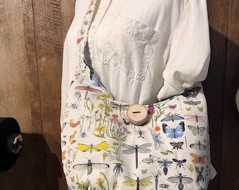 Insect Hobo bag: handmade canvas crossbody bag with flowers