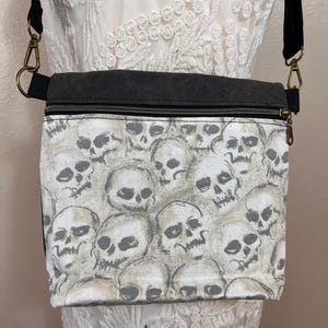 Gothic crossbody purse: gray waxed canvas skulls bag