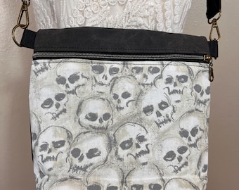Gothic crossbody purse: gray waxed canvas skulls bag