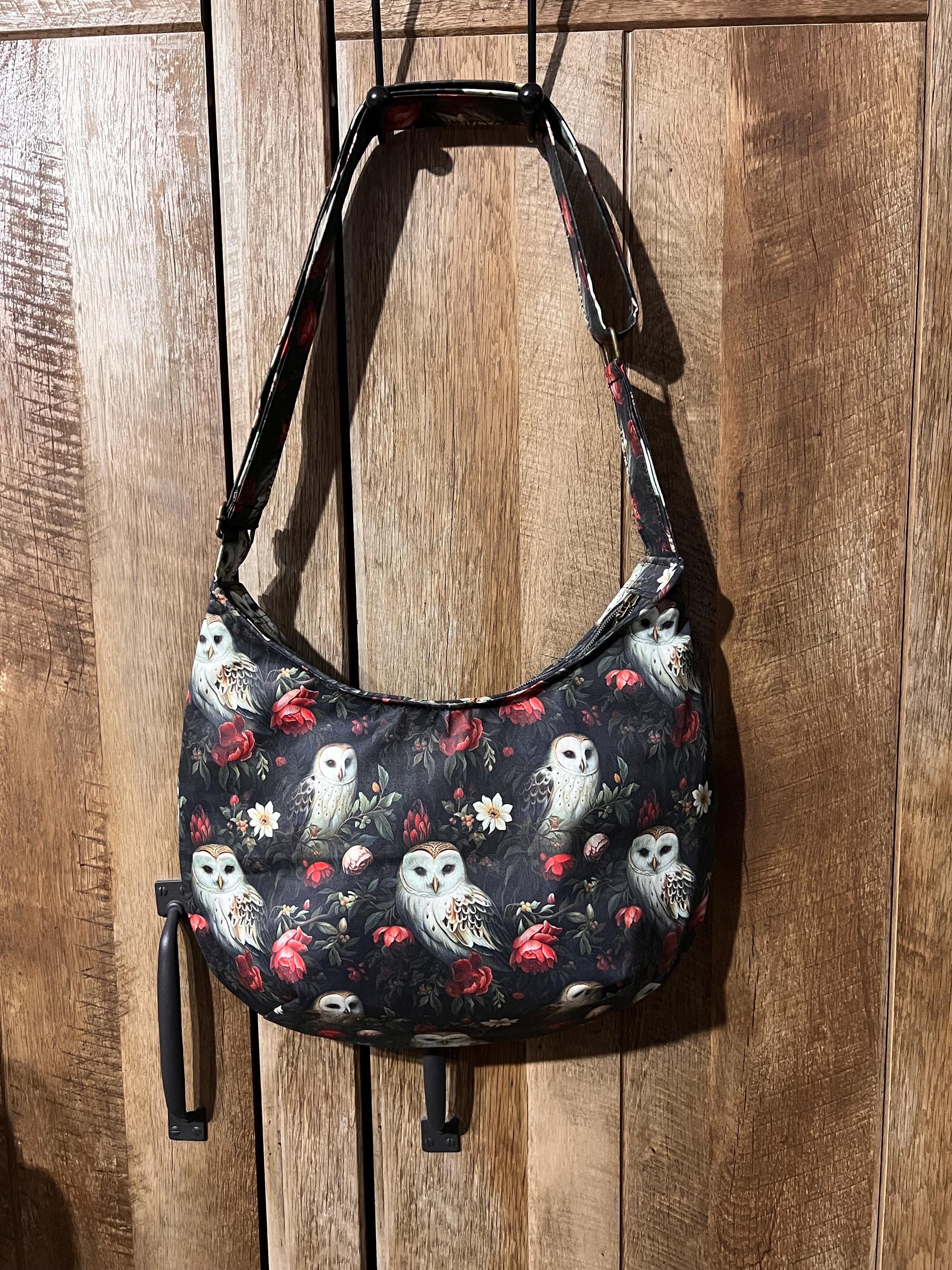 Woodland owl Canvas Crossbody Bag: Handmade Hobo Bag with Pockets