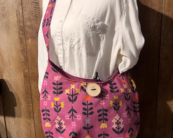 Handmade Fuscia Floral Linen Hobo Bag, Wood Button Crossbody