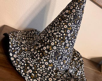 Black dainty flower Witch Hat: Quilted Cotton Costume Hat
