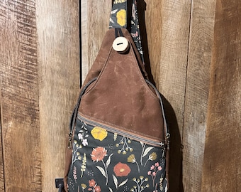 Waxed Canvas Sling Backpack: Floral Accent Shoulder Bag