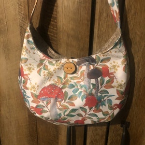 Woodland Mushroom canvas crossbody bag, adjustable strap slingbag, cottagecore purse with wood button closure, cottagecore handbag
