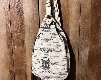 Birch bark sling backpack bag for women, birch tree canvas shoulder bag for men, travel gift for sister, Christmas gift for friend or aunt