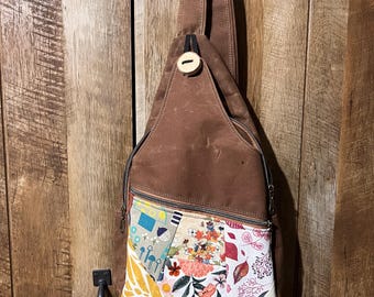 Waxed Canvas Sling Backpack: Floral Accent Shoulder Bag