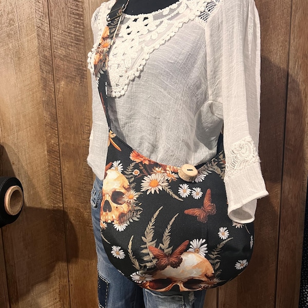 Skull Crossbody Bag: Handmade Boho Hippie Purse with Wood Button