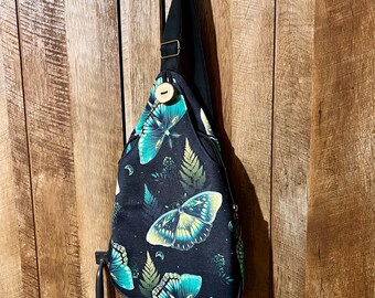 Moth sling bag for women, black canvas shoulder bag, durable lightweight sling backpack, anniversary gift for wife, birthday gift for friend