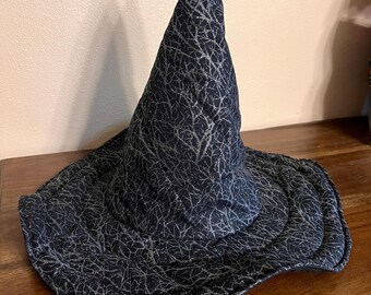 Black Witch Hat: Quilted Cotton Costume Hat with silver tree branches