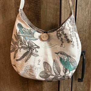 Song bird adjustable strap purse-canvas-6inside pockets-handmade button closure