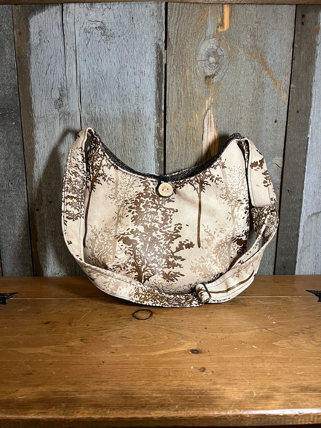 Brown Vegan Leather Crossbody Bag With Trees, Purse With Adjustable