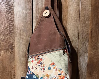 Waxed Canvas Sling Backpack: Floral Accent Shoulder Bag