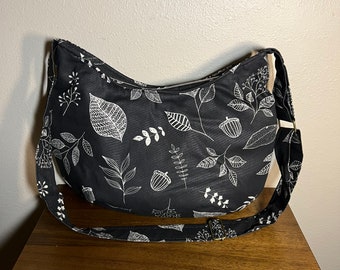 Black canvas purse, boho hobo bag with zipper, handmade sling bag with acorns, beautiful handmade crossbody bag gift for Christmas