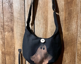Ghost crossbody bag, black canvas hobo bag, ghost purse with adjustable strap, birthday gift for young adult, Halloween gift for friend