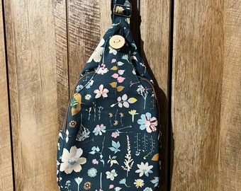 Floral sling bag, blue canvas shoulder bag, durable lightweight sling backpack, 5th anniversary gift for wife, birthday gift for friend