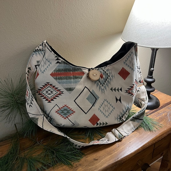 Southwest crossbody bag with adjustable strap, handmade hobo bag with natural wood button, Aztec design travel purse, holiday gift for aunt