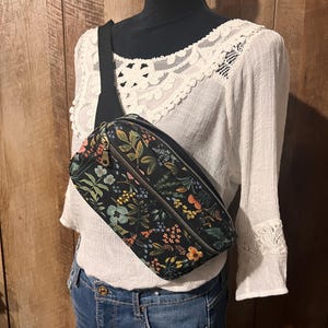Floral Canvas Fanny Pack: Handmade Black Sling Bag