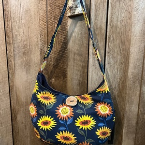 Sunflower crossbody bag, canvas floral purse, handmade hobo bag with natural wood button, birthday gift for sister