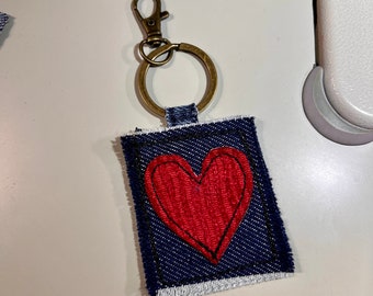 Red heart keychain, upcycled denim key chain with heart, Valentine’s Day gift for friend