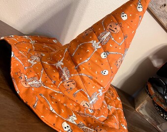 Orange skeleton Witch Hat: Quilted Cotton Costume Hat with pumpkin jack-o’-lantern