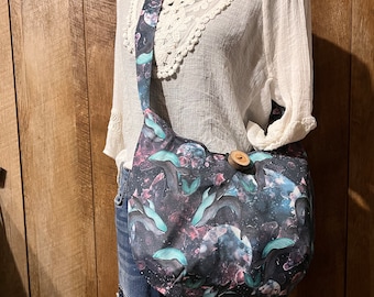 Whale Hobo bag for women, handmade canvas crossbody bag, sling bag with whales, birthday gift for wife, Valentine’s Day gift for girlfriend