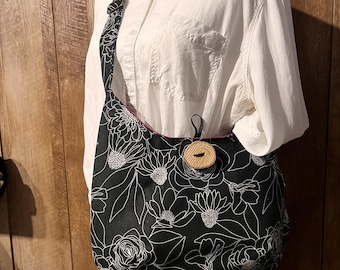 Handmade Black Floral Canvas Hobo Bag, Wood Button Crossbody