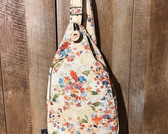 Watercolor floral sling backpack bag for women, beige canvas shoulder bag, travel gift for sister, 40th birthday gift for friend or aunt
