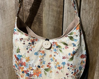 Beige flower Hobo bag, handmade canvas crossbody bag, floral sling bag, wood button closure handbag, gift for women