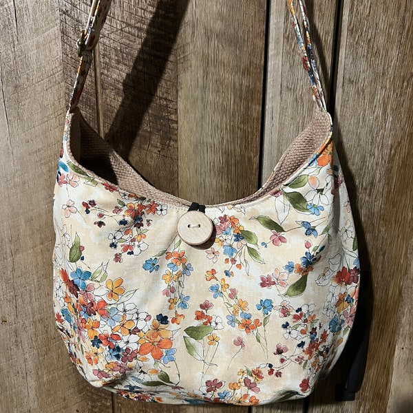 Beige flower Hobo bag, handmade canvas crossbody bag, floral sling bag, wood button closure handbag, gift for women