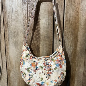 Beige flower Hobo bag, handmade canvas crossbody bag, floral sling bag, zipper closure handbag, 30th birthday gift for sister, gift for mom