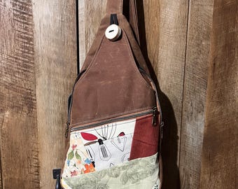 Waxed Canvas Sling Backpack: Floral Accent Shoulder Bag