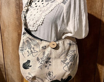 Halloween purse, canvas crossbody bag with bats frogs snakes, handmade gift for niece