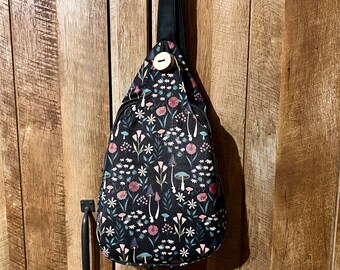 Mushroom sling bag for women, black canvas shoulder bag with flowers, durable sling backpack, anniversary gift for wife, Mother’s Day gift